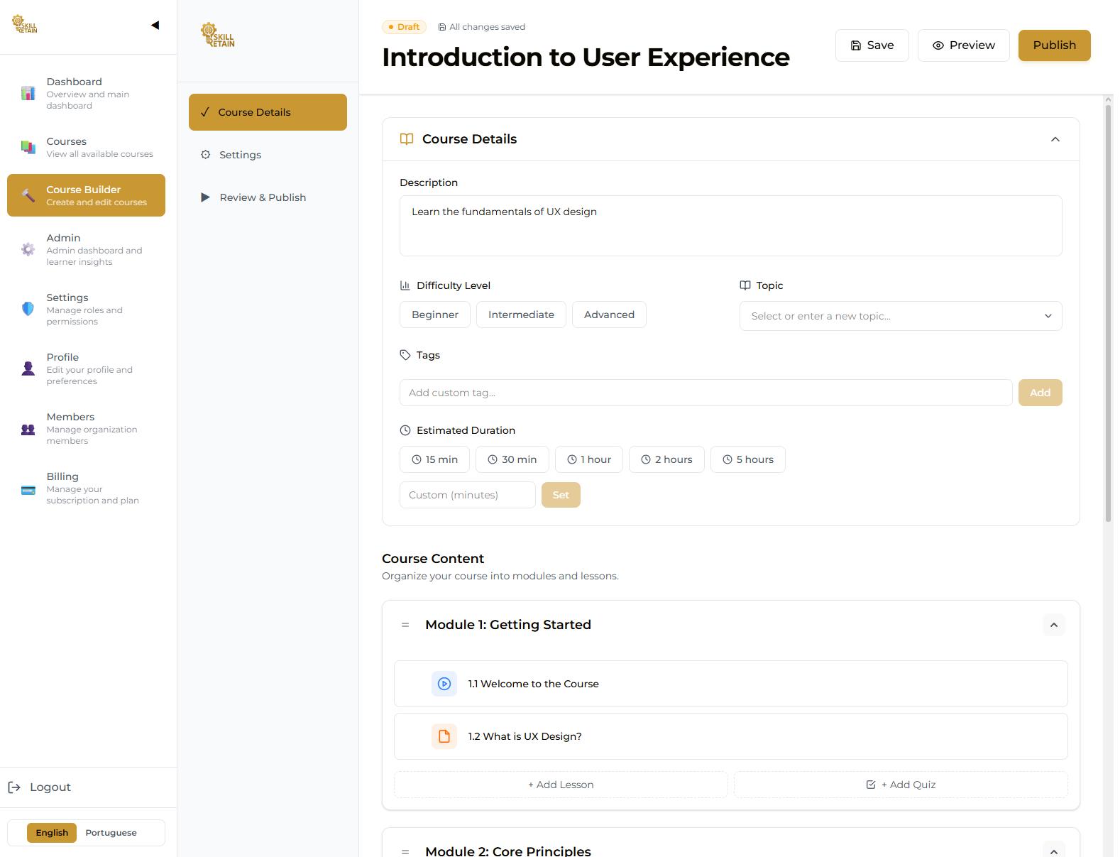 Skill Retain platform dashboard preview